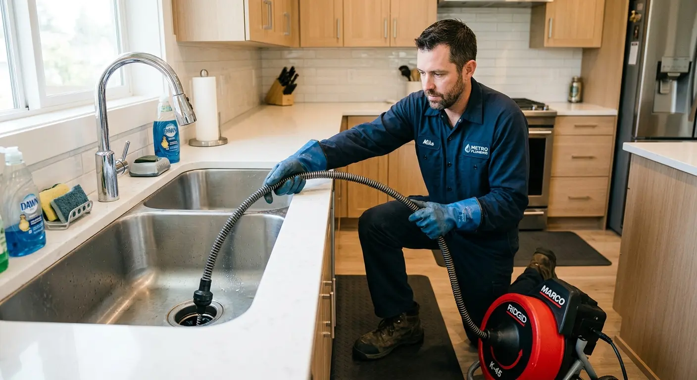 Drain cleaning technician using a motorized snake on a kitchen sink in Brockton
