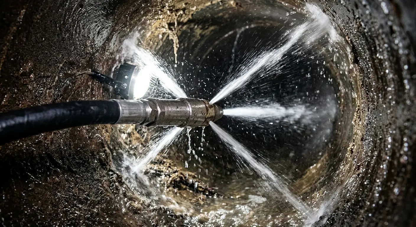 High-pressure hydro jetting nozzle cleaning sewer pipe for Sewer Cleanout in Brockton