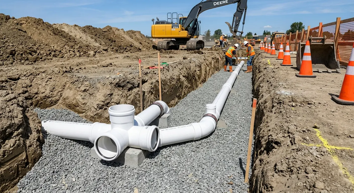 New PVC sewer pipe installation in open trench for Commercial Drain Cleaning in Brockton