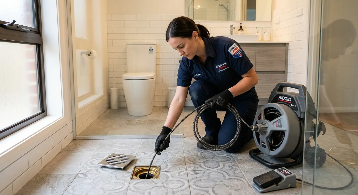 Technician clearing a bathroom floor drain for Drain Cleaning in Brockton